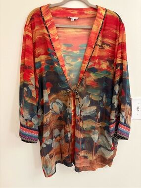 John Mark 2X Abstract Floral Kimono Jacket Shawl Collar Tassel Tie Boho Art Top